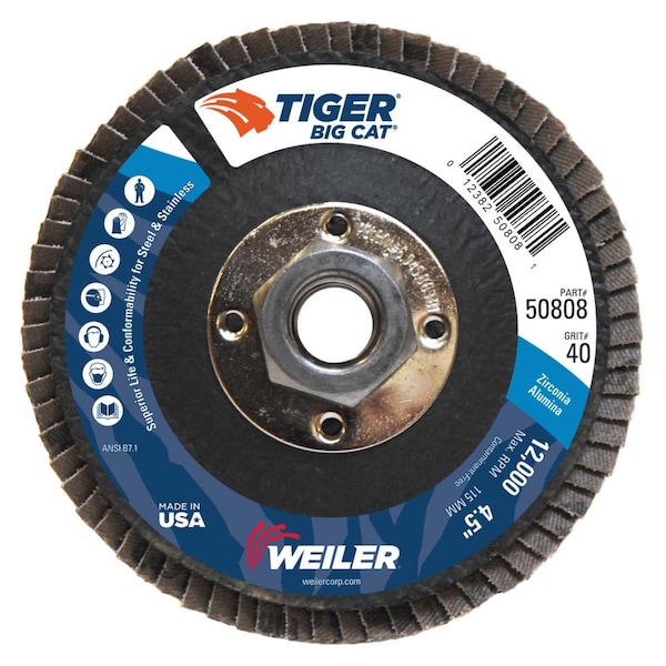 Weiler 4-1/2" Big Cat Abrasive Flap Disc, Flat (TY27), 40Z, 5/8"-11 UNC 50808 - main